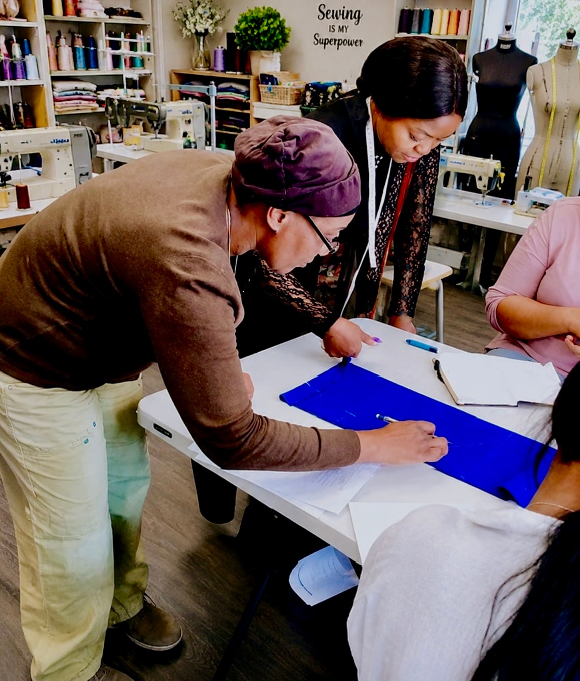 Sewing masterclass students at work